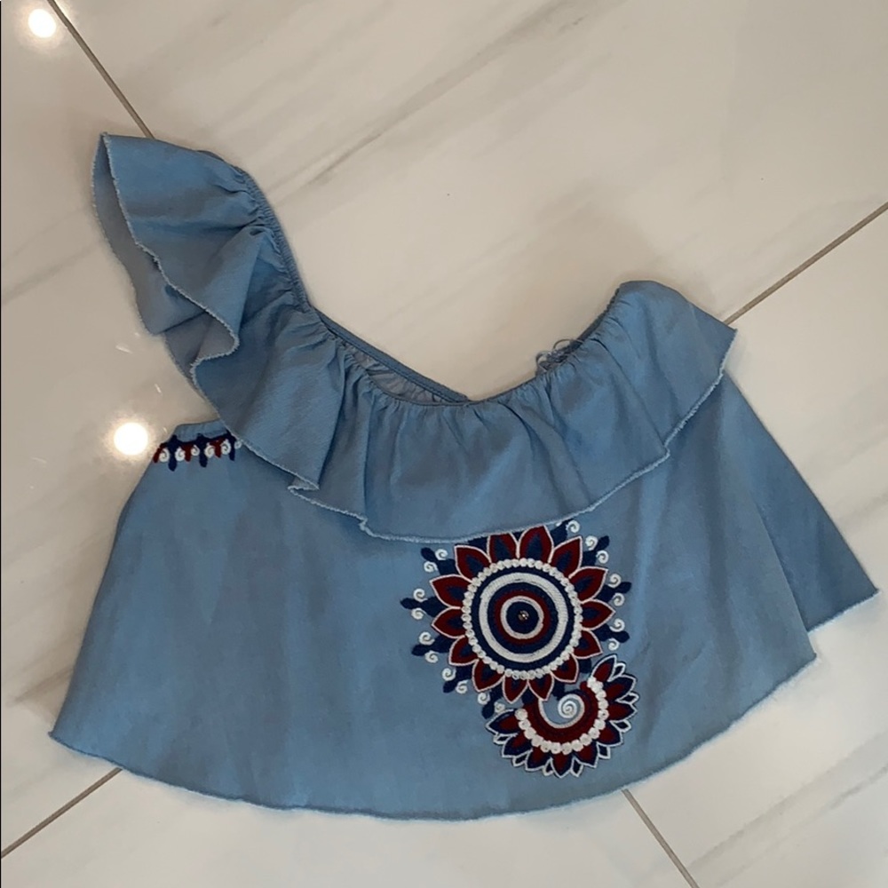 Zara // One Shoulder Crop Top with Embroidery